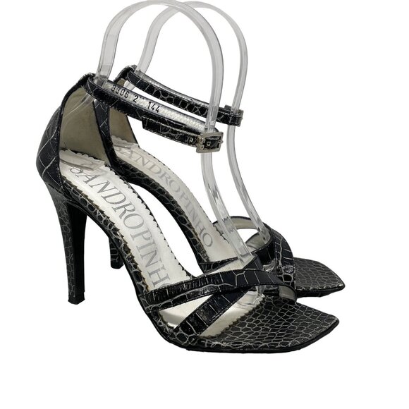 Sandro Pinho Croc Embossed Leather Heels Open Toe Ankle Strap Black Size 5.5 - Picture 1 of 10
